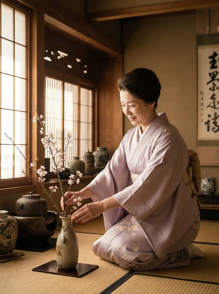 一位优雅的 幸福照相馆 在和室中插花